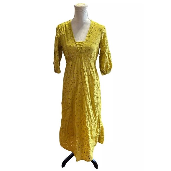 Babydoll Y2K Embroidered Maxi Yellow Dress Puff Sleeves Fairy Cottagecore Sz M - Picture 1 of 14